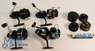 A collection of fixed spool reels, as follows: Mitchell 300 with spare spool, good bail, runs