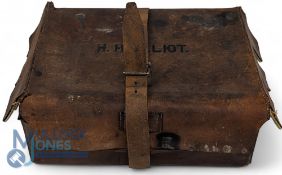 Period Japanned Fishing Tackle Box, with leather protective travel case, sections and removeable