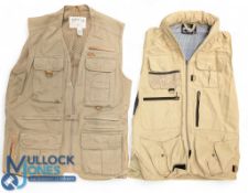 Orvis & Barbour Fly Fishing Waistcoats, cotton, leather trim, the Barbour has a hood inside