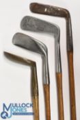 4x Assorted putters to incl 'The Roddy' brass mallet head putter in Brown Vardon style with drop toe