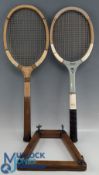 2x Period Wooden Tennis Rackets, a Riverside hardcourt racket, with a good leather butt cap