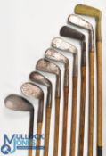 8x Assorted golf irons to incl R Forgan smf mashie and cleek with the POWF cleek mark, Tom Stewart