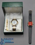 Domatic Golf Wrist Scorer, plus Greenwood Golf Club quartz wristwatch and tie clip, in original