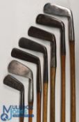 7x Assorted golf irons to incl Cann & Taylor Patent mashie iron stamped No 326015 showing a good