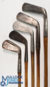 5x Various Golf clubs to incl W Park of Musselburgh patent bent neck putter, c1895 smf cleek