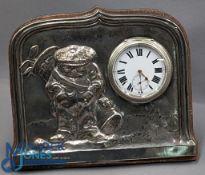 A Silver Hallmarked golf themed oak easel back Pocket Watch Clock display stand, Rd No.561406 H W