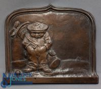 Period Copper plaque display of a Repousse Golfer in a cap carrying bag of clubs, 14cm x 17cm