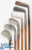 6x Assorted interesting Golf clubs incl Fairlie's Patent niblick with diamond cut face markings