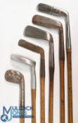 6x Assorted interesting putters to incl a long hosel 'Brodclair' Patent putter by Broady of