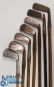 7x JH Taylor autograph golf clubs to incl a mid iron, 3x mashies, jigger, very bent neck putter