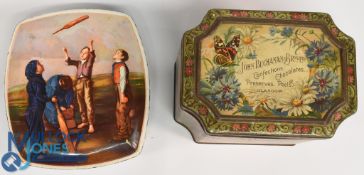 Two old metal tins - A Huntley and Palmers Biscuit Tin with boys playing cricket on lid and a John