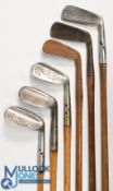 5x Assorted Maxwell irons incl 2x niblicks, one with a very wide sole, Tom Watt mashie niblick,