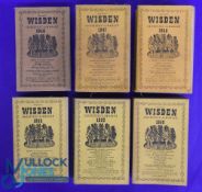6x John Wisden's Cricketers Almanacks, softbacks 1946-1959, 1946, 1947, 1948, 1949, 1952 and 1959 (