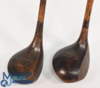 2x Socket neck woods to incl a small head dark stained brassie stamped T Vardon and a spoon