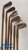 6x Left Hand Golf Clubs incl flanged bottom Winton mashie, JB Halley long iron (damaged shaft),