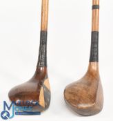 2x R Forgan St Andrews compact socket neck woods a light stained brassie and a dark stained spoon in