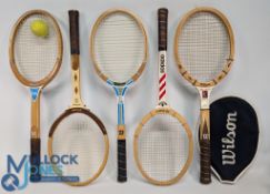 A collection of assorted signature endorsed wooden Tennis Rackets: a good collection of five