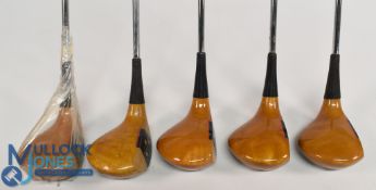 5x MacDonald of Scotland light stained persimmon head drivers with black carbon fibre inserts,
