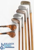 7x Assorted Golf clubs to incl 2x small socket neck golden persimmon drivers, one stamped A