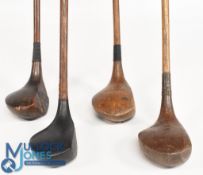 4x Assorted woods incl a H Vardon dark stained spoon, Excelite covered bulger driver, Mitchells of