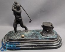 Period Golfer with Tree Stump Inkwell and Desk Tidy, cast metal figures in full swing, having a