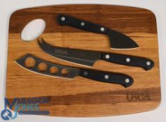 USGA light-stained mahogany cheese board c/w set of 3x various Victorinox stainless steel cheese