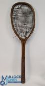 c1880 wooden Tennis Racket, unknown maker with a primitive round handle, scalloped convex throat