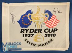 2010 Celtic Manor Ryder Cup Flag signed, by US Captain Corvey Pavin, and Colin Montgomerie