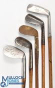 5x Assorted Golf irons to incl 3x niblicks incl a large head Fairlie's model stamped with the Gibson
