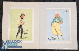 Two signed Golf Caricatures of Nick Faldo and Billy Casper, by artist Ireland - both mounted ready