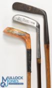 3x Various golf clubs a scare neck light stained wooden mallet head putter stamped W Dunn (suspect),