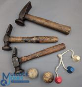 3x Guttie Golf Ball Mallet Hand Hammers - with circular face and wide chisel and wooden handles -