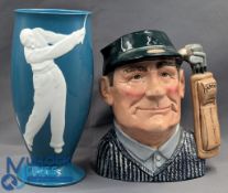 Noritake Golfer Vase, bone china, white on a teal background - 22cm tall, with a Royal Doulton