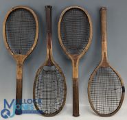 4x Period wooden Flat Top Tennis Rackets: to include the Practice, with convex wedge leather butt