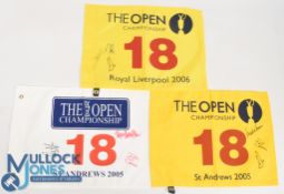3x Signed Open Golf Championship Pin Flags - features 2005 18th Yellow with Mark O'Meara, Paul