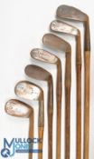 7x Irons for various maker's incl smf niblick with decorative Anderson of London cleek mark,