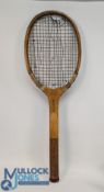 c1920 The Winner G G Bussey wooden Tawn Tenis Racket with wave edge deep grooved handle, leather