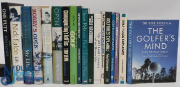 18x hardback Golf Books - The Golfer's Mind 2004 Dr Bob Rotella, Golf Rules Explained 1996 Peter