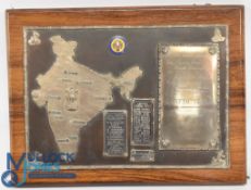 A white metal on hard wood trophy Mysore State Cricket Association Plaque/Trophy to commemorate