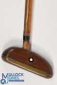 Very unusual designed semi-circle wooden head centre shaft putter with thick brass sole plate