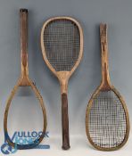 3x Period wooden Flat Top Tennis Rackets: the Tethered Horseman with convex wedge and leather butt
