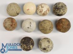 10x Early rubber core golf balls incl Spalding Midget pat 1905 recessed ball in fair condition, St