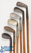 6x Assorted golf irons to incl a Fairlie's patent early niblick with diamond pattern face