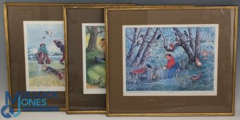 A set of 3 signed limited edition sporting golf cartoon prints by Christopher Hope, c1970s, signed