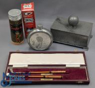 Golf Collectables, to include a good Civic pewter hammered golf cigar box, pewter hip flack with a