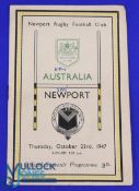 Newport v Australia 1947 Rugby Programme: 8pp example from the Wallabies visit, score to front but