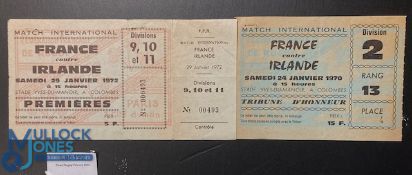 1970 & 72 France v Ireland Rugby Tickets (2): Consecutive Irish visits to the old Colombes