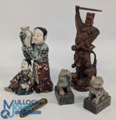 Oriental ceramic carved wooed soap stone: a mixed lot to include a Kutani porcelain group of figures