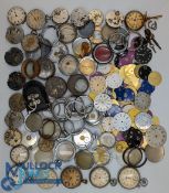 Collection of pocket watch parts: qty of movements, cases, dials, wider parts, used and unused parts
