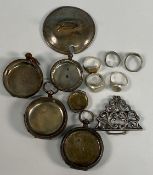 187g scrap silver: assorted pocket watch cases, part of a nurse’s belt, rings, lid plus 2 white